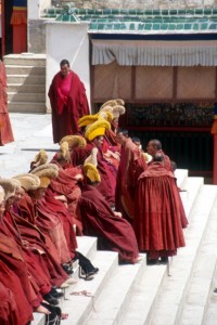 monks with yellow hats, ready for lunch
