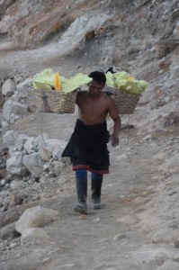 sulphur miner carrying his baskets out of the Ijen Crater