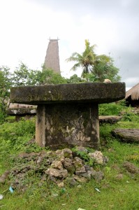 an old tomb, with one of the very tall roofs of Paranobaroro in the back