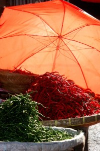 red and green peppers in the market of Bukettinggi