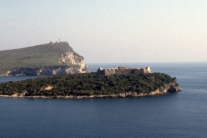 Crusader fort on a island off the Himara coast