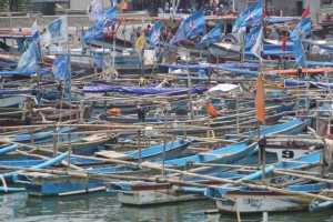 boats stacked in the small harbour