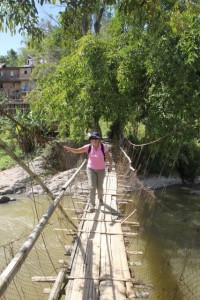 the rickety bamboo bridge, strong enough to hold the haphazard tourist