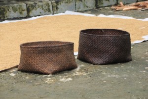 woven bamboo baskets are ready to store the rice in