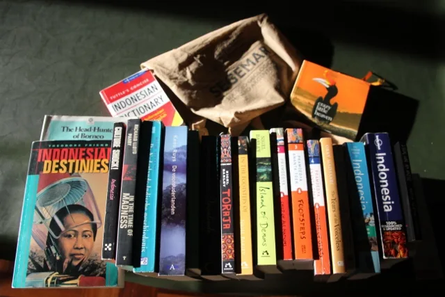 we do not exactly travel light: the library at the bottom of the suitcase, half of which we carried from home and the other half purchased locally