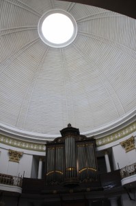inside in the Immanuel Church, the organ and the wooden roof