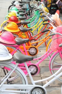 bicycles for rent, with matching helmets
