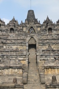 stairs to the top of the Borobudur temple, cutting through nine levels of bas-relief decorations