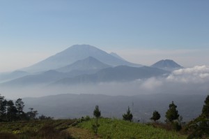 Gunung Merbabu in front, and Merapi in the back (I think)