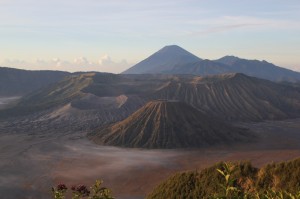 Gunung Bromo to the left, Gunung Batok in the middle, and behind Gunung Semeru towering over all the others
