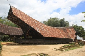 a saddle-shaped, overhanging roof is typical for the houses in the Mamasa region