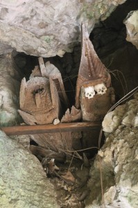 coffins decorated with skulls, in Tampangallo cave