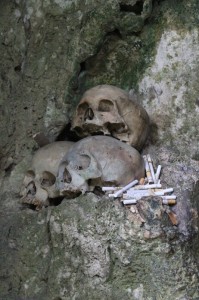 several skulls, with cigarettes as offerings