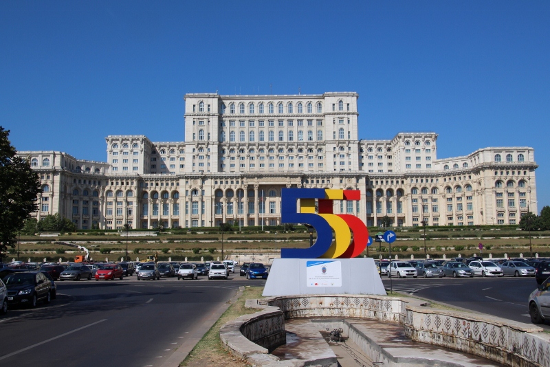 the Palace of the People, with the 555 symbol in front (Bucharest's 555th birthday, in 2014)