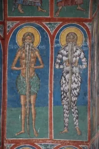 detail of frescoes with beards