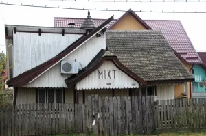 this is a general store, with wooden shingles as roof cover