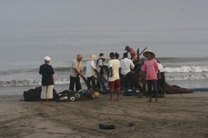 everybody gathered after the landing of boat and nets