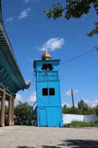 the minaret of the wooden Dungan mosque in Karakol