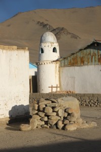 one of the two minarets of the tiny mosque in Karakul