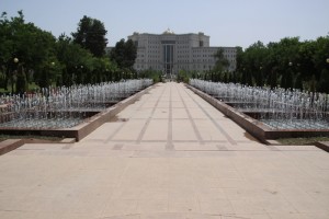 another exorbitant Dushanbe building, along the central park with its multiple fountains