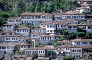 the characteristic white and red houser of Berat