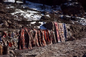 Albanian carpets for sale along the access road to the castle