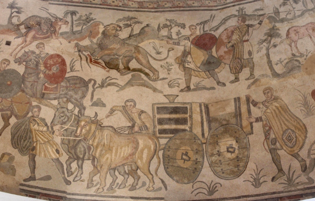 part of a compilation of another scene with a cart and hunting men and animals