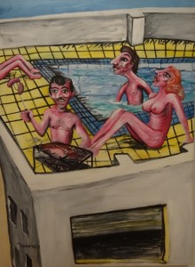 a quintesential Argentine painting, pool and barbeque on the roof terrace (Pablo Suarez, 1983)