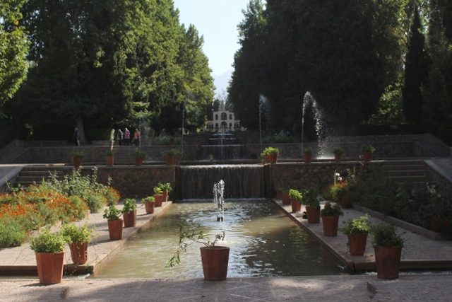 the garden, with the water cascading down
