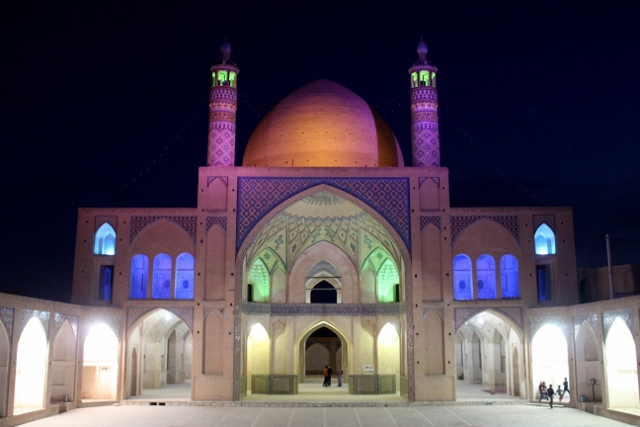 the main mosque, Mashed-e Agha Bozorg, austere inside, by nicely lit at night